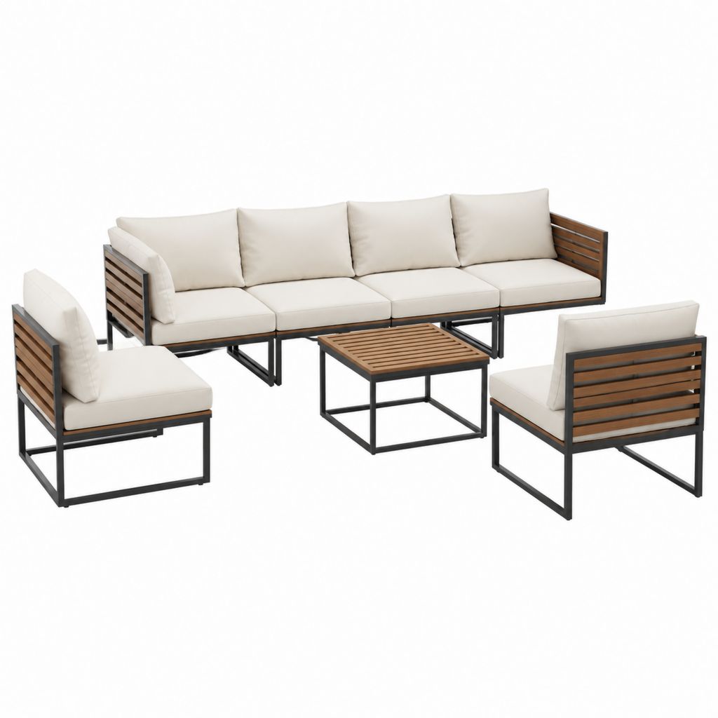 7-teiliges Gartenlounge-Set Beige Akazienholz Stahl 4-Sitzer Sofa 2 Sessel Couchtisch 280 x 75 x 75 cm