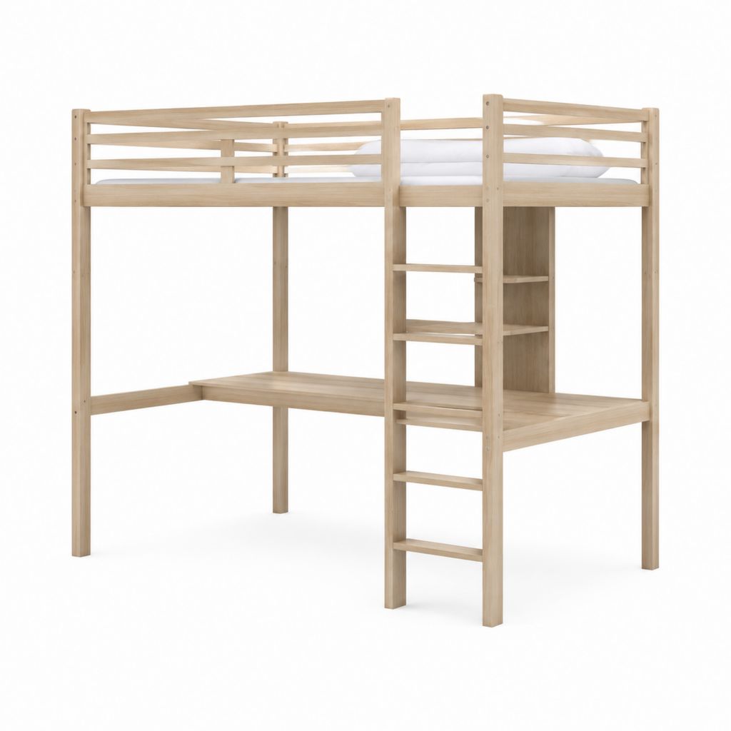 Rechteckiges Kinderhochbett mit Schreibtisch und Leiter aus massivem Kiefernholz natur 90 x 200 cm 208 x 98 x 185 cm