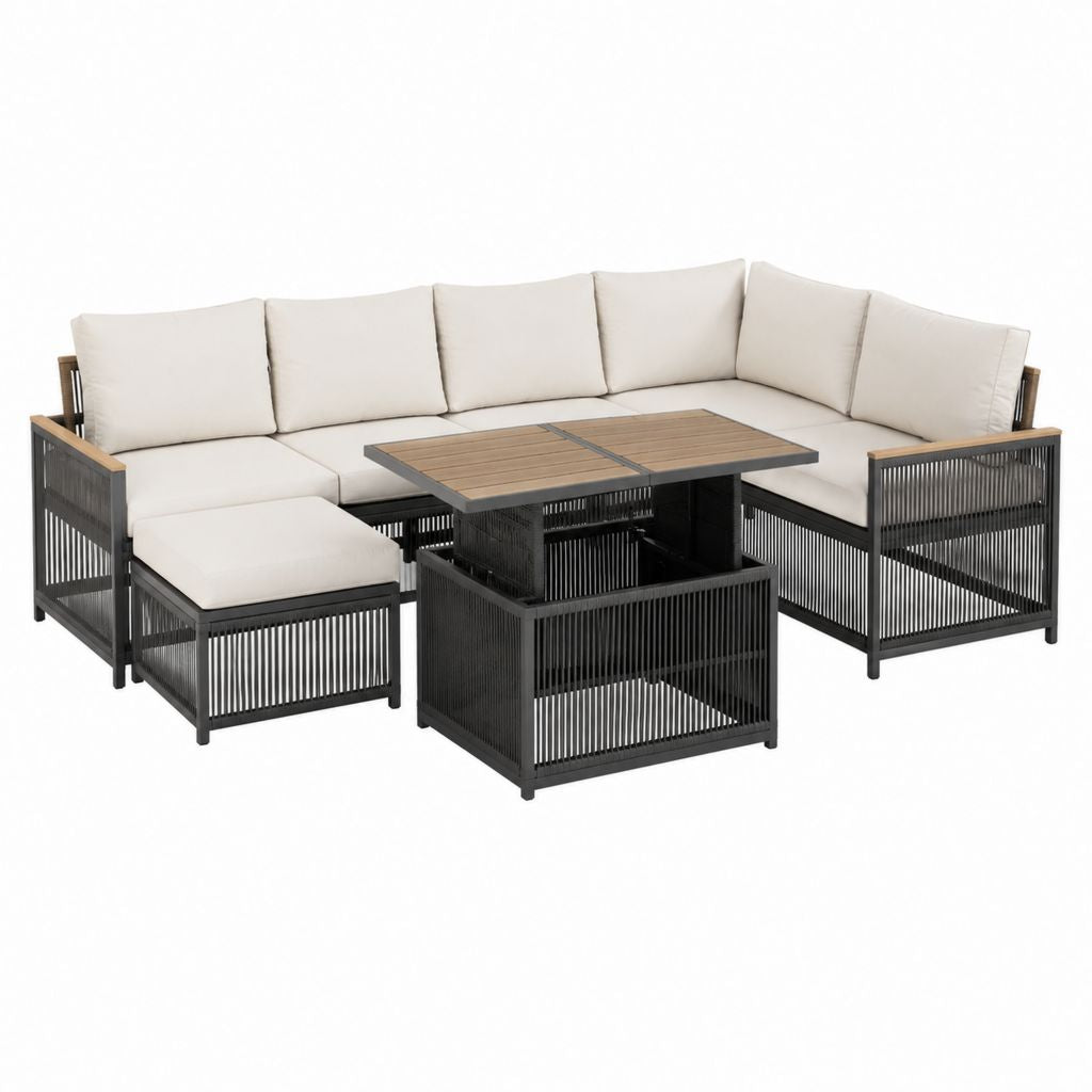 Gartenlounge Set Schwarz Beige aus pulverbeschichtetem Stahl Polyester und WPC 254 x 190 x 78 cm