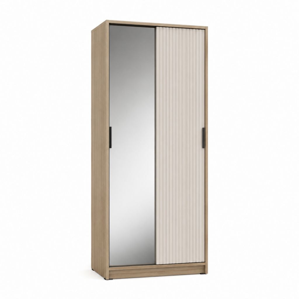 Schwebetürenschrank mit Spiegel Eiche hell Weiß Spanplatte 90 x 60 x 200 cm