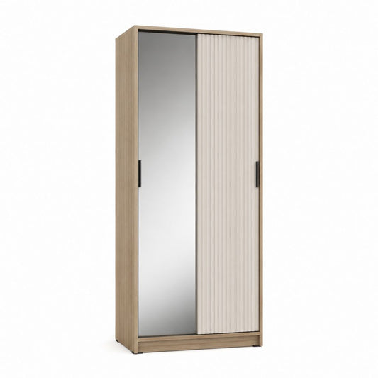 Schwebetürenschrank mit Spiegel Eiche hell Weiß Spanplatte 90 x 60 x 200 cm
