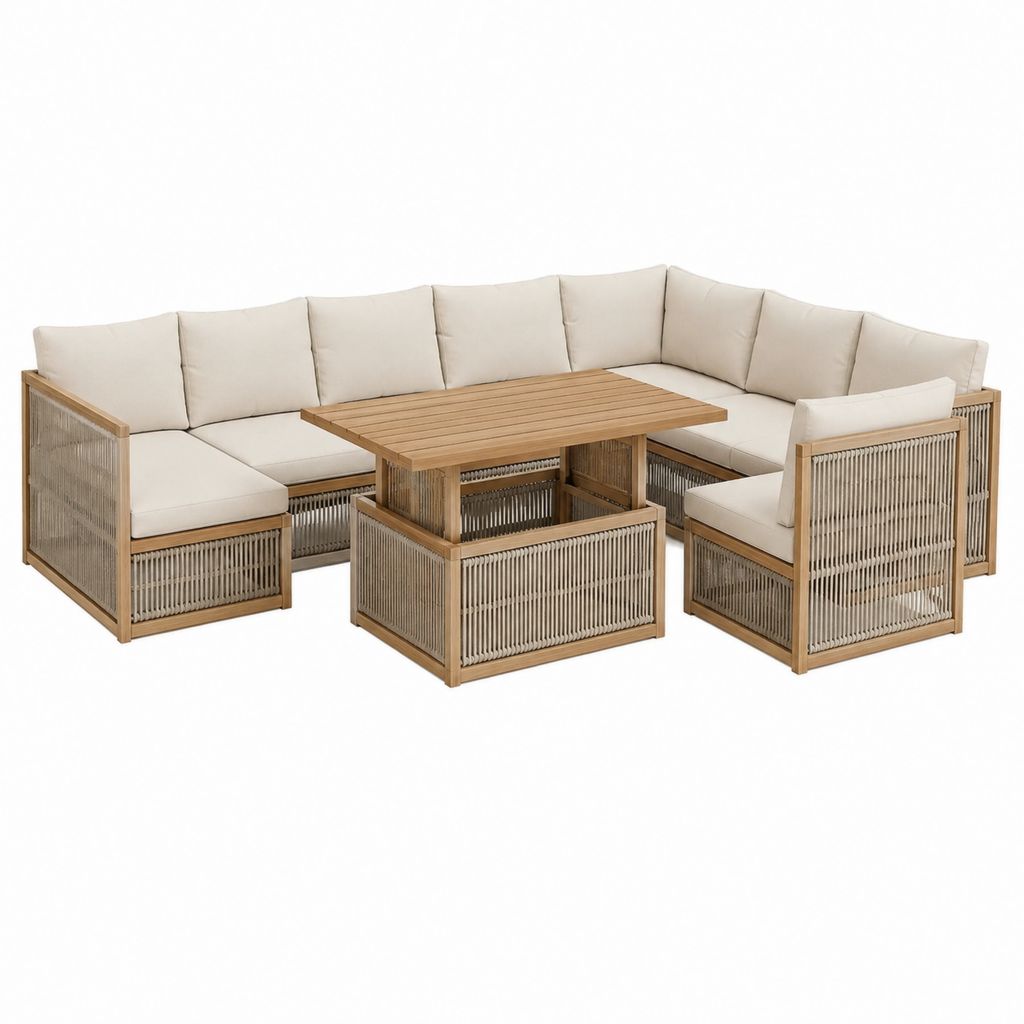 Gartenlounge Set 5-teilig Beige Akazien-Massivholz Polypropylen-Seilgeflecht L-Form 300 x 220 x 70 cm