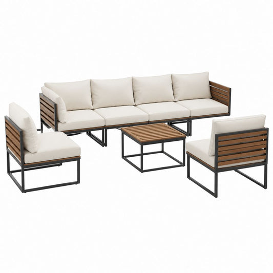 7-teiliges Gartenlounge-Set Beige Akazienholz Stahl 4-Sitzer Sofa 2 Sessel Couchtisch 280 x 75 x 75 cm