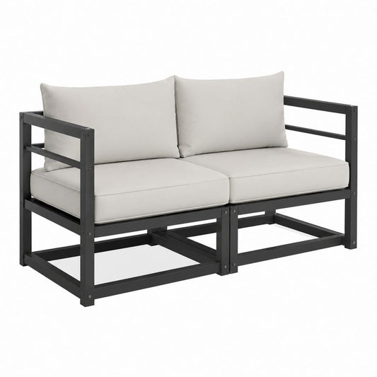 2-Sitzer Gartensofa Schwarz Stahl mit Hellgrauen Polyesterpolstern 140 x 70 x 65 cm