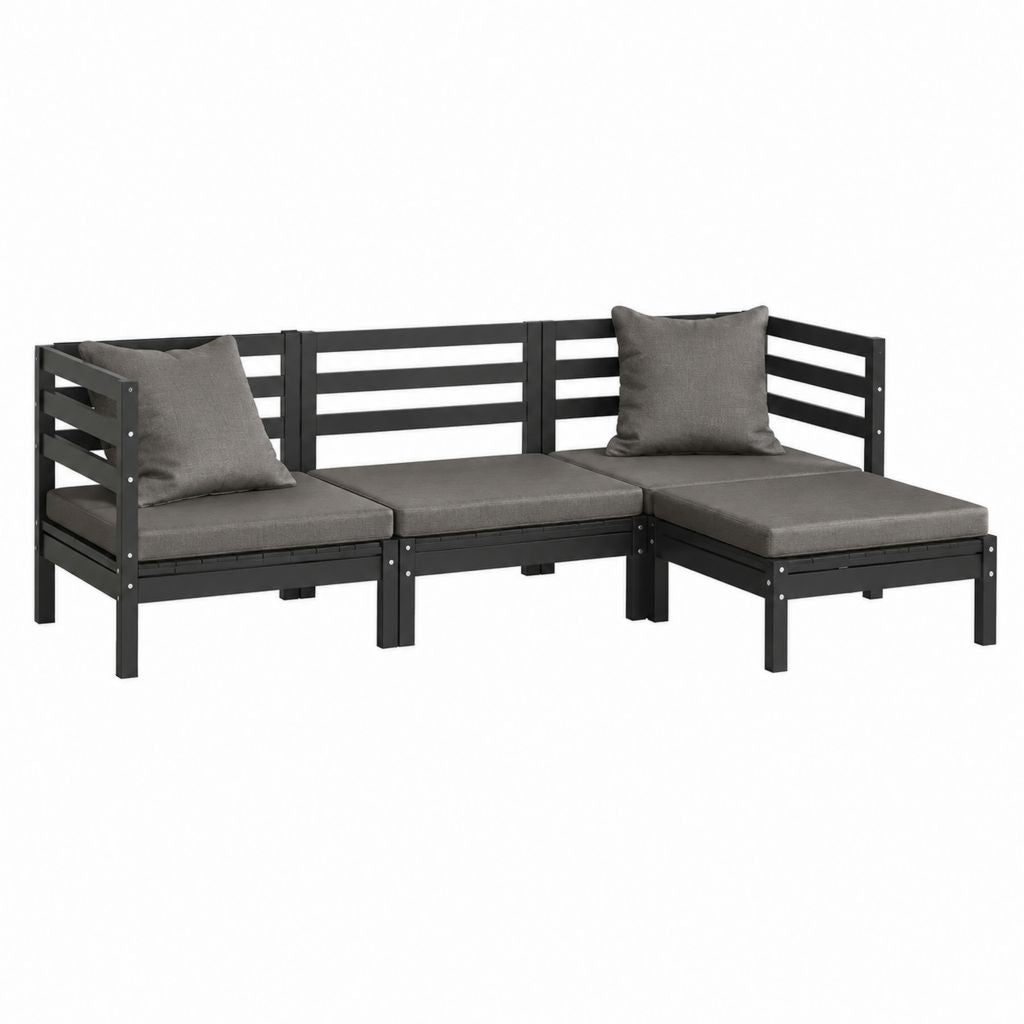 Gartenlounge Ecksofa Set 3-teilig Schwarz aus pulverbeschichtetem Stahl mit dunkelgrauen Polyesterpolstern L-Form 130.5 x 130.5 x 64 cm