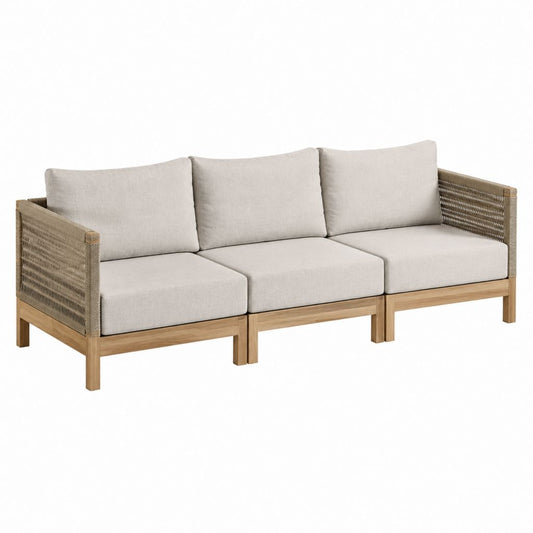 3-Sitzer Gartensofa Natur Beige aus Teakholz mit Polyesterkissen 210 x 80 x 75 cm