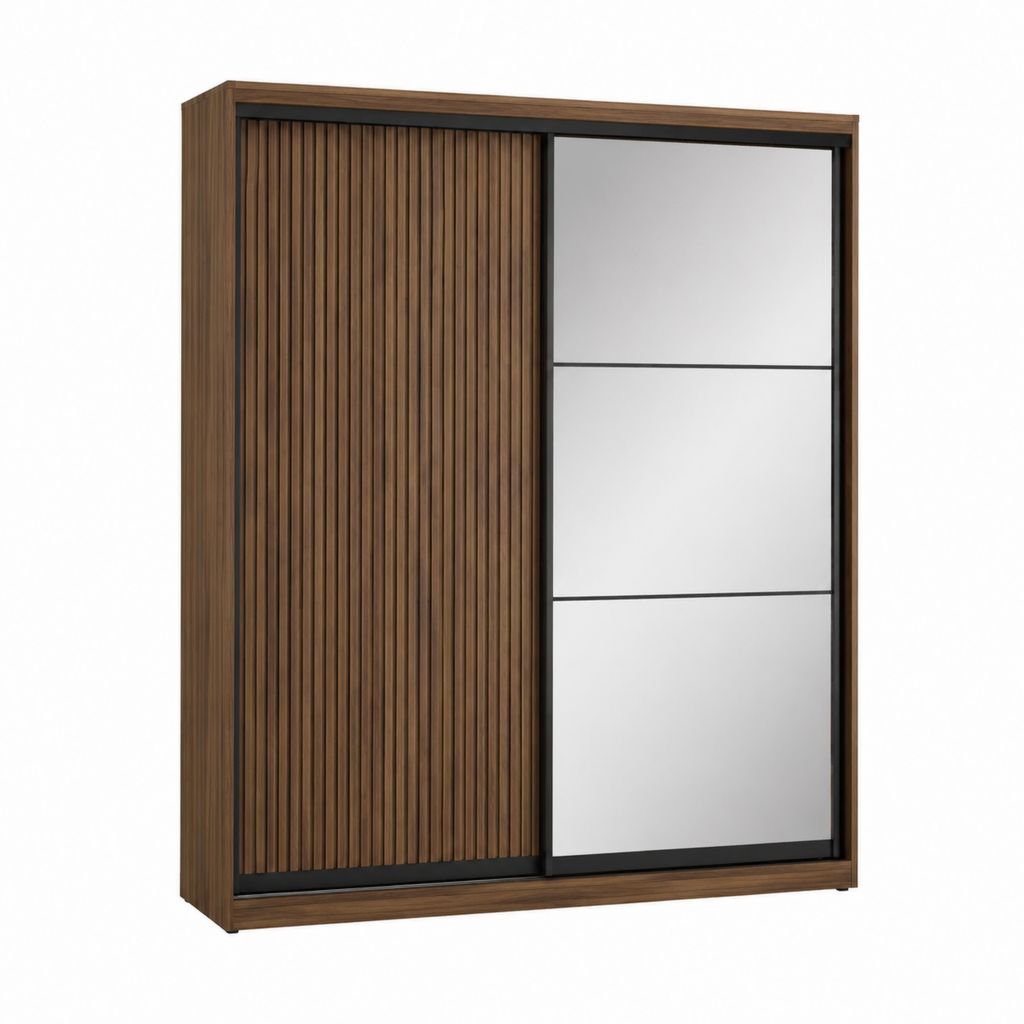 Schwebetürenschrank Nussbaum Dekor mit Spiegel und Lamellenfront 120 x 60 x 200 cm