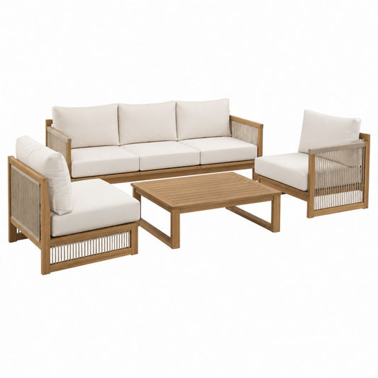 4-teiliges Gartensofa Set Naturholz Beige mit 3-Sitzer Sofa 2 Sesseln und Couchtisch 210 x 82 x 70 cm