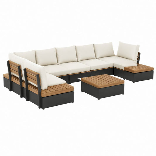 Gartenlounge-Set Creme Schwarz Aluminium Akazienholz L-Form 300 x 220 cm