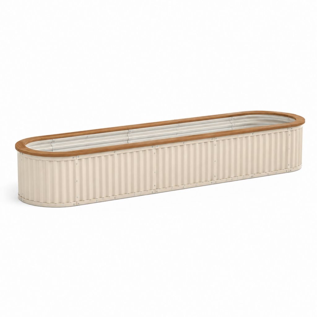 Hochbeet Pflanzkübel aus verzinktem Stahl Creme mit Holzrahmen oval 180 x 60 x 60 cm