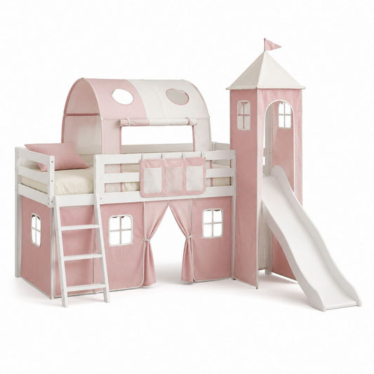 Kinderhochbett mit Rutsche und Turm Rosa Weiß Massivholz 90 x 200 cm