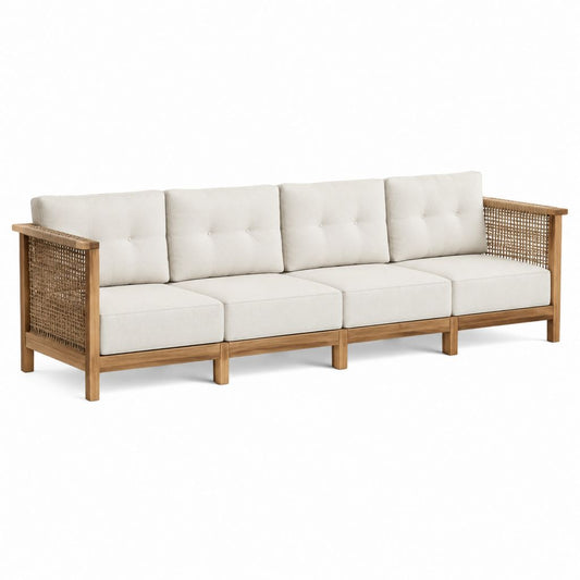 4-Sitzer Gartensofa Beige aus Akazien-Massivholz mit Polypropylen-Seilgeflecht 280 x 80 x 75 cm