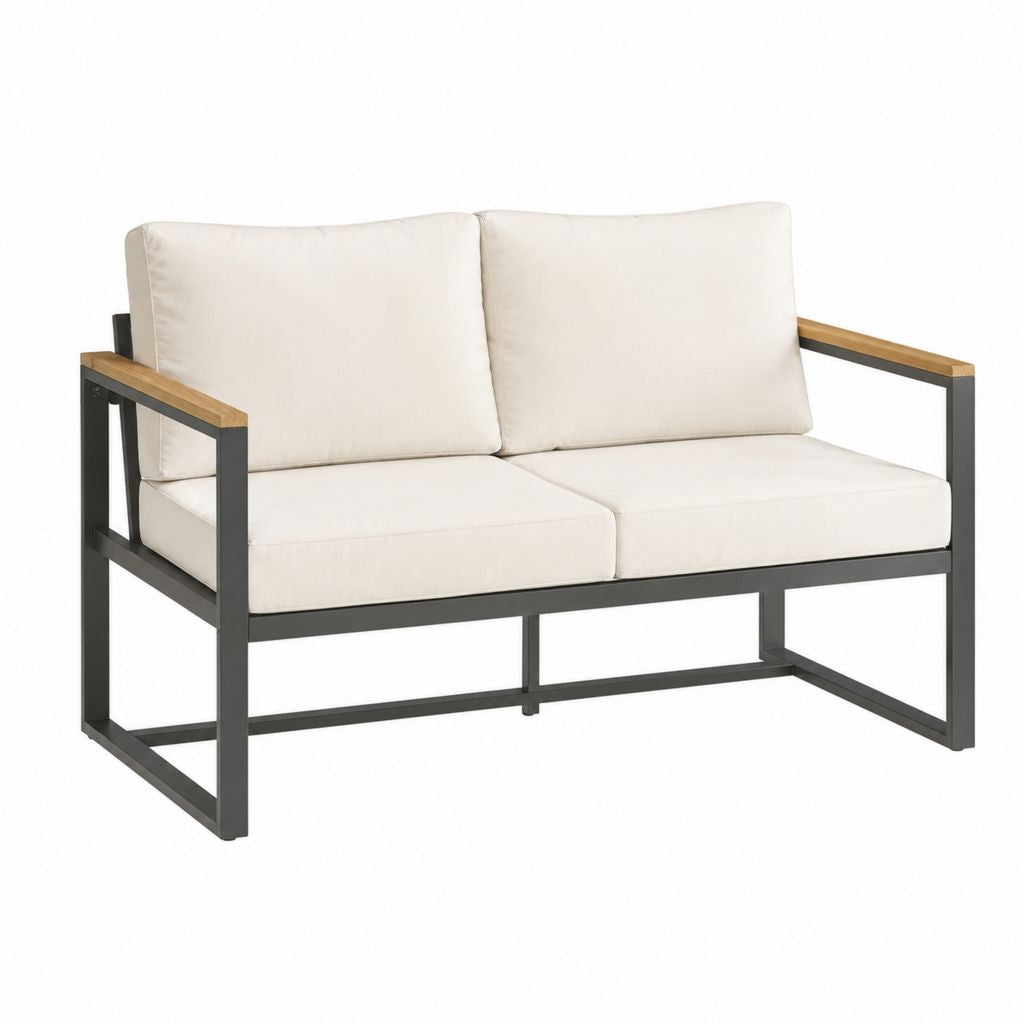 2-Sitzer Gartensofa Creme mit Stahlrahmen und Akazienholz Armlehnen 125 x 70 x 78 cm