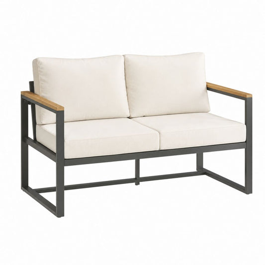 2-Sitzer Gartensofa Creme mit Stahlrahmen und Akazienholz Armlehnen 125 x 70 x 78 cm