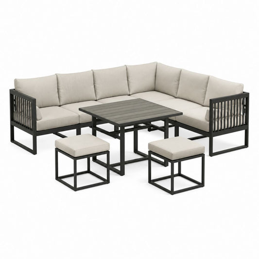 4-teiliges Gartenlounge-Set Beige aus pulverbeschichtetem Stahl mit Ecksofa Tisch und 2 Hockern 240 x 240 cm